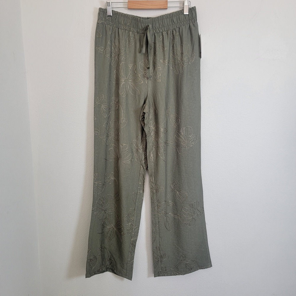 Messini Olive Green Floral Embroidered Wide Leg Pants Relaxed Fit Small Petite
